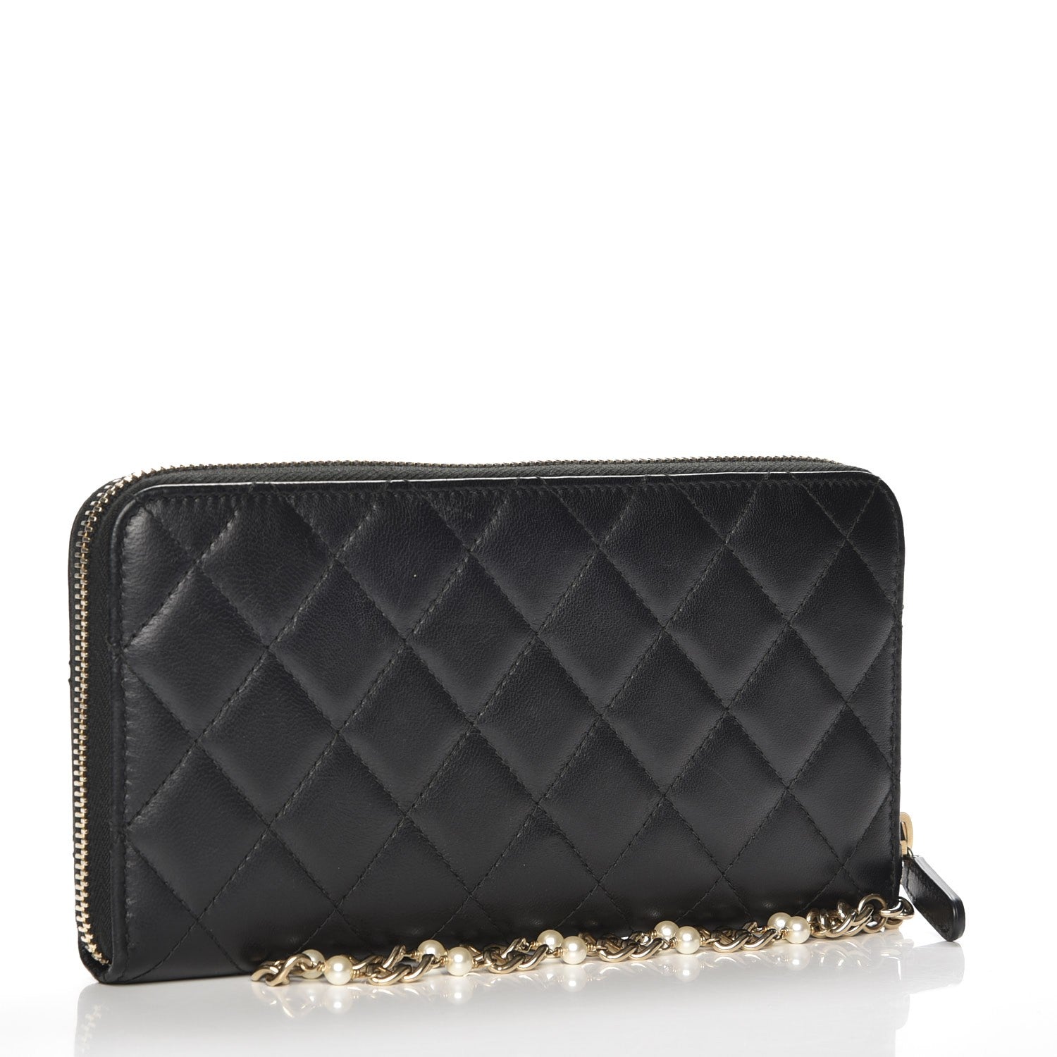 Chanel Lambskin Quilted Pearl Chain Wrist Wallet Black 3 of 9