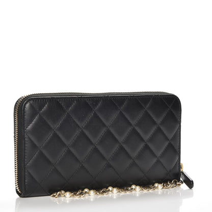 Chanel Lambskin Quilted Pearl Chain Wrist Wallet Black 3 of 9