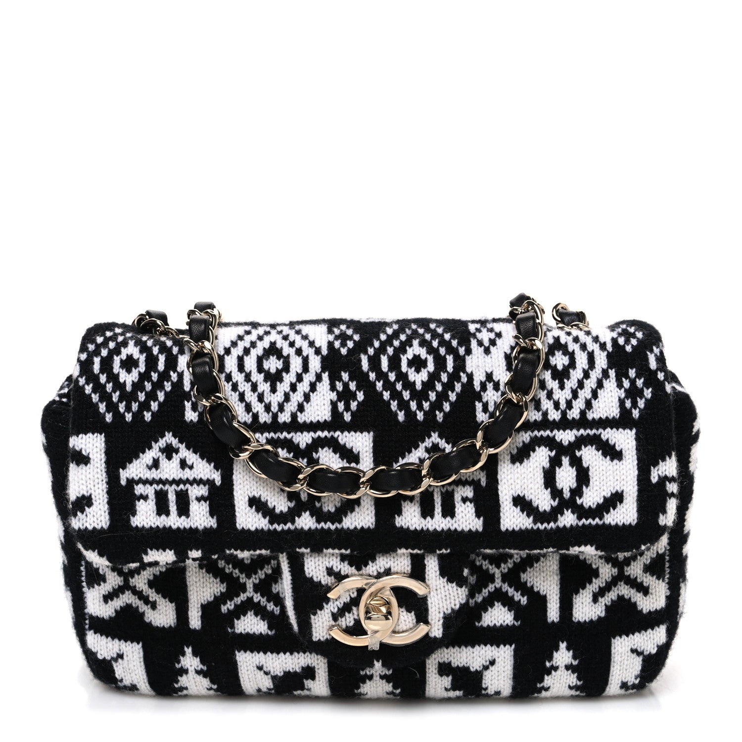 Chanel Cashmere Knit Coco Neige Flap Black White 1 of 10