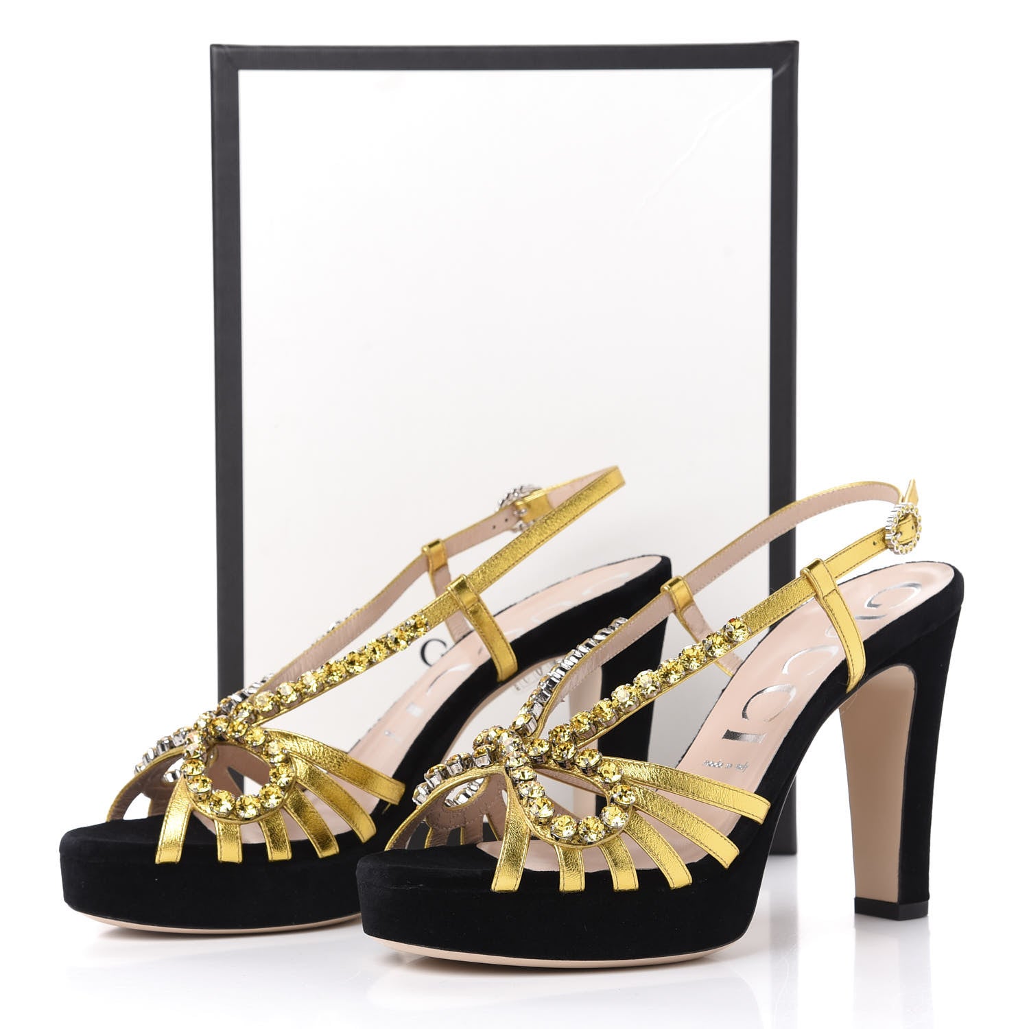 Gucci Velvet Nappa Crystal Zephyra Slingback Platform High Heel Sandals 40 Black Gold 9 of 9