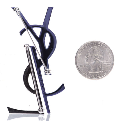 Saint Laurent Metal Deconstructed Monogram Brooch Blue Black 2 of 9