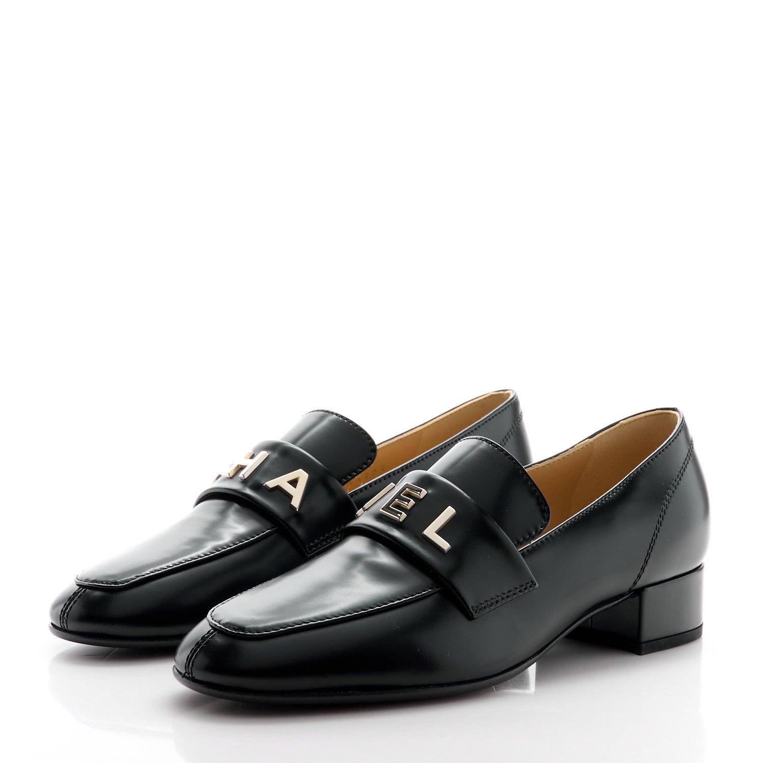 Chanel Shiny Calfskin Logo Loafers 35 Black 3 of 11
