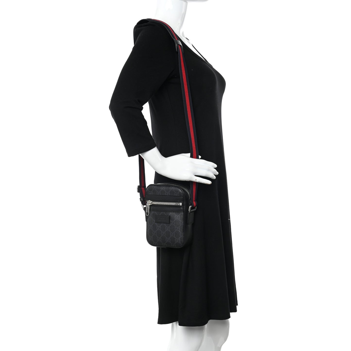 GG Supreme Monogram Appia Calfskin Web Small Camera Messenger Bag Black Grey
