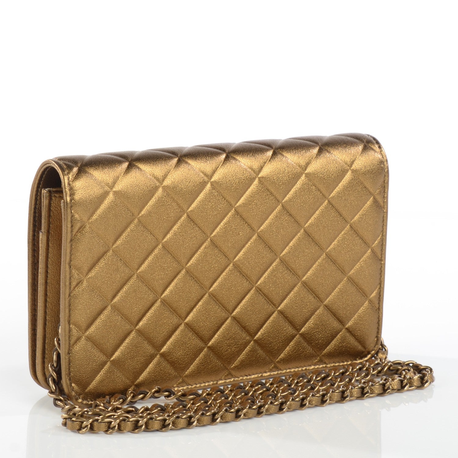 Chanel Metallic Lambskin Quilted Diamond CC Wallet On Chain WOC Bronze 3 of 8