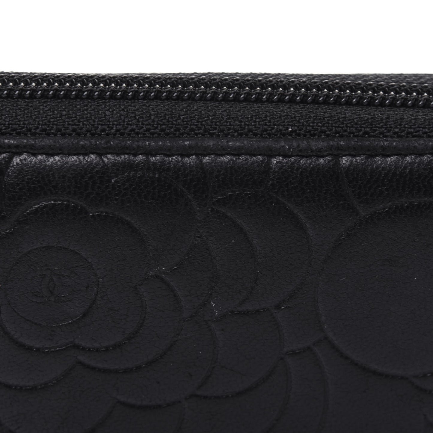 Lambskin Camellia Embossed Large Zip Around Gusset Wallet Black