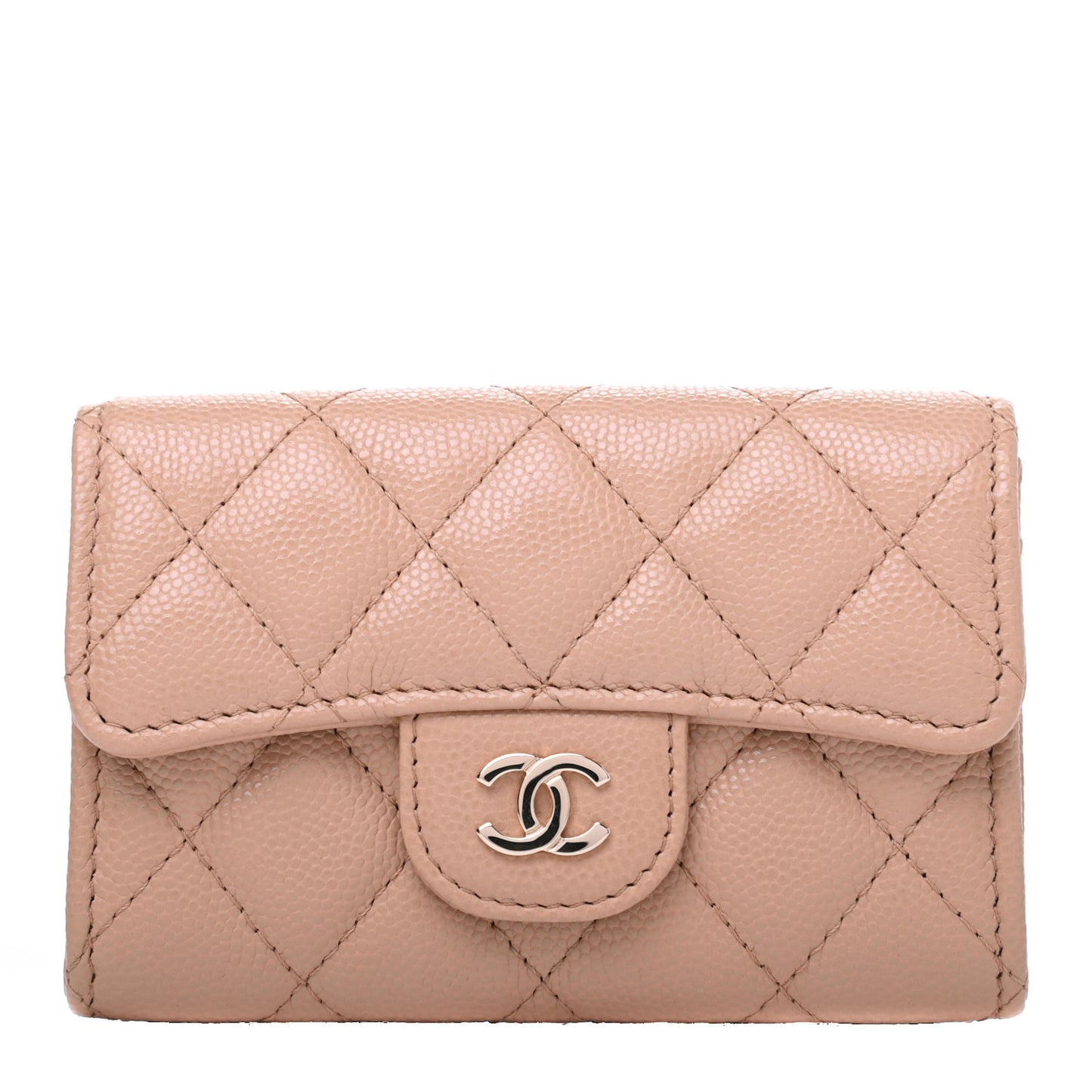 Caviar Quilted Flap Card Holder Wallet Beige