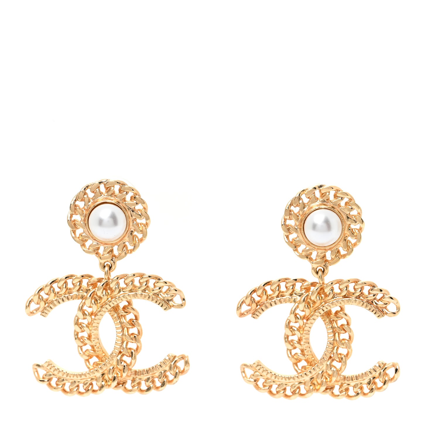 Metal Pearl CC Chain Drop Earrings Gold