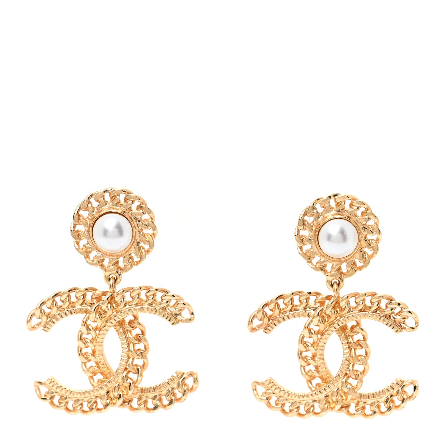 Chanel Metal Pearl CC Chain Drop Earrings Gold 1 of 5