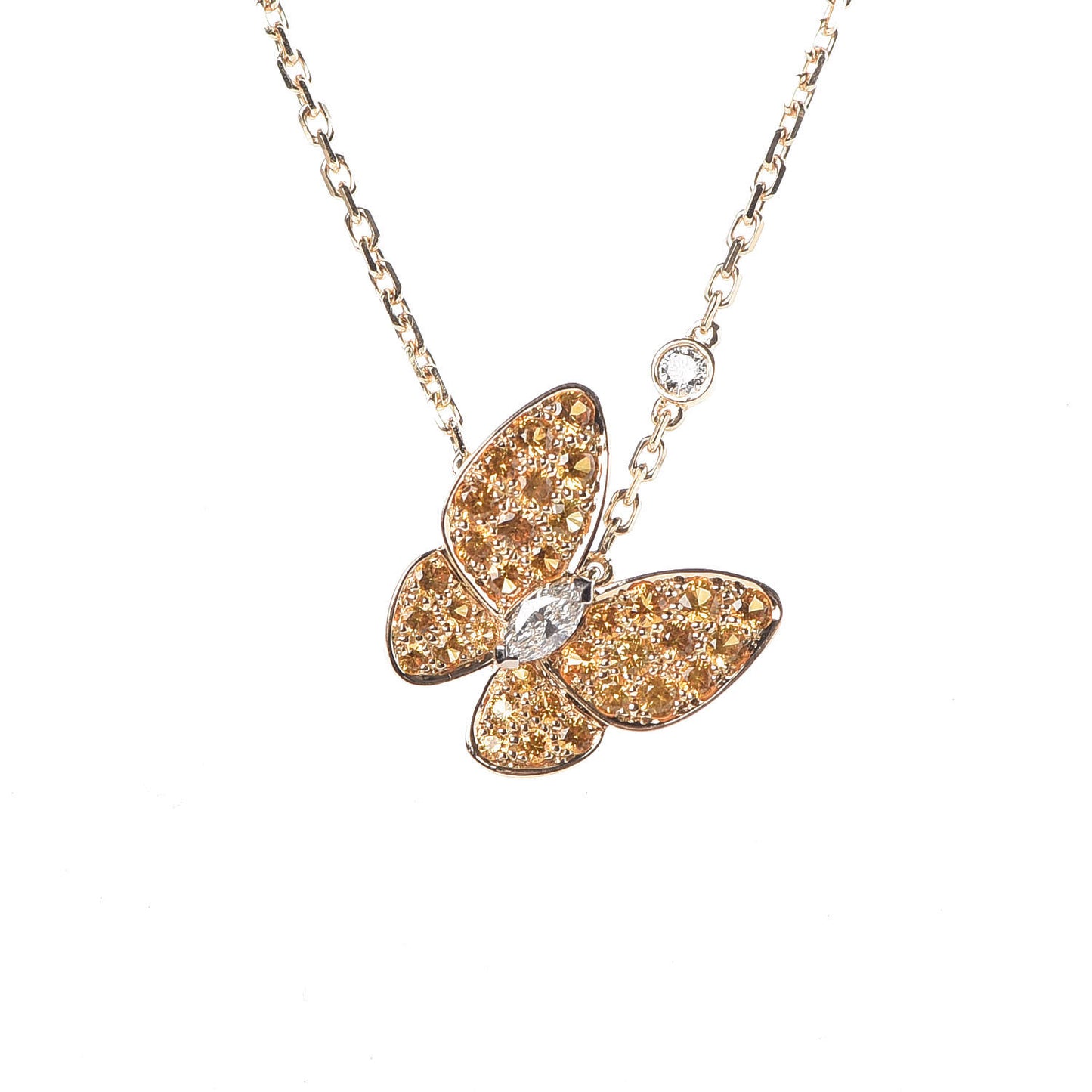 18K Yellow Gold Diamond Yellow Sapphire Two Butterfly Pendant Necklace