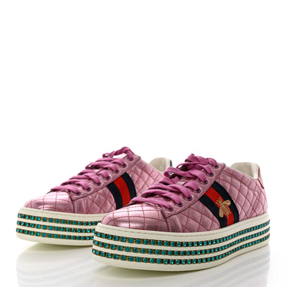 Gucci Laminated Nappa Crystal Web Bee Embroidered Trapuntata Womens Ace Platform Sneakers 39 Rosa 3 of 9