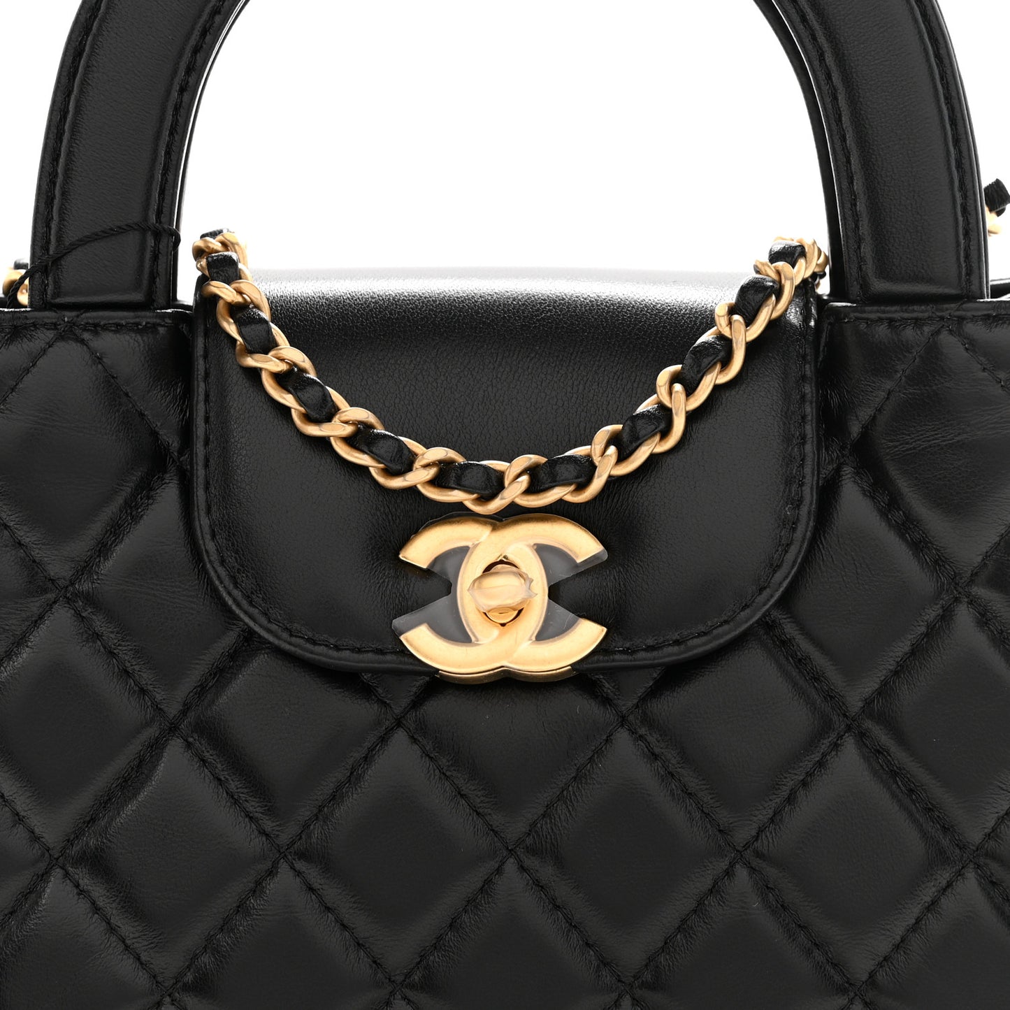Shiny Aged Calfskin Quilted Nano Kelly Shopper Black