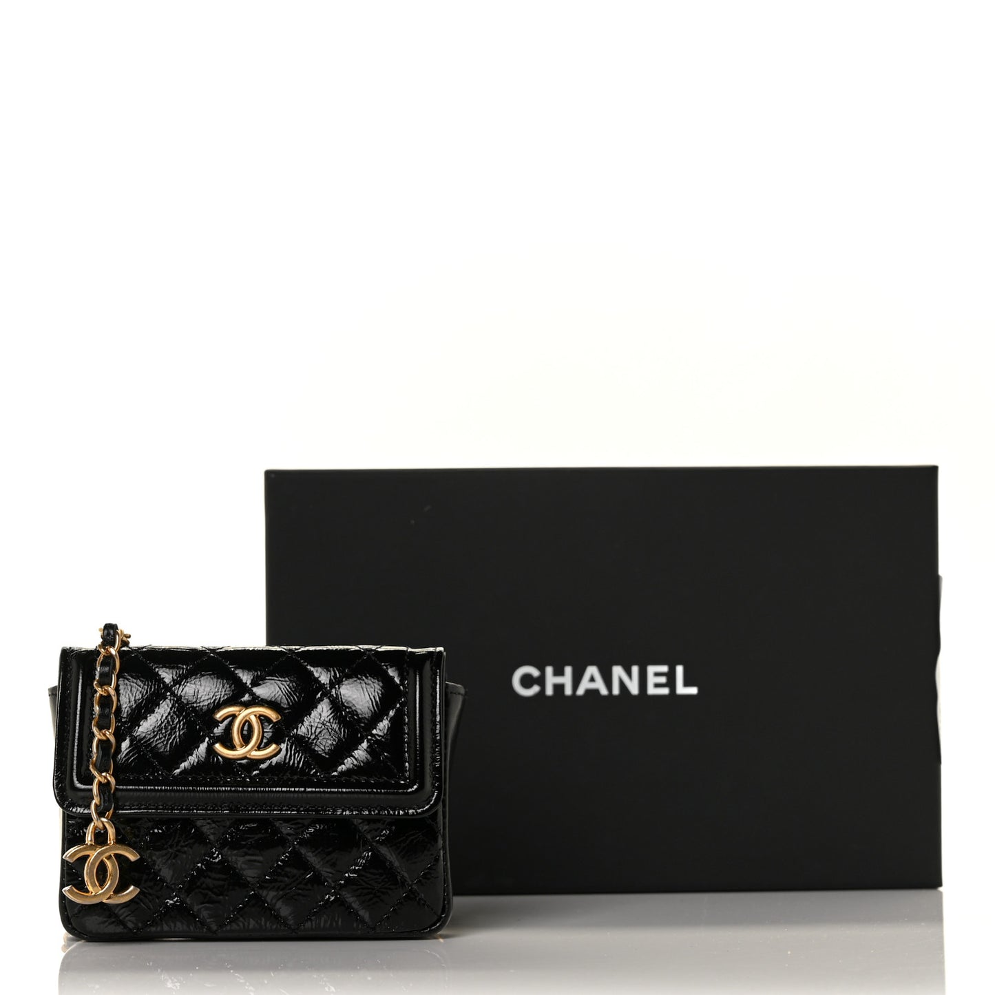 Shiny Aged Calfskin Quilted Waist Belt Bag Black