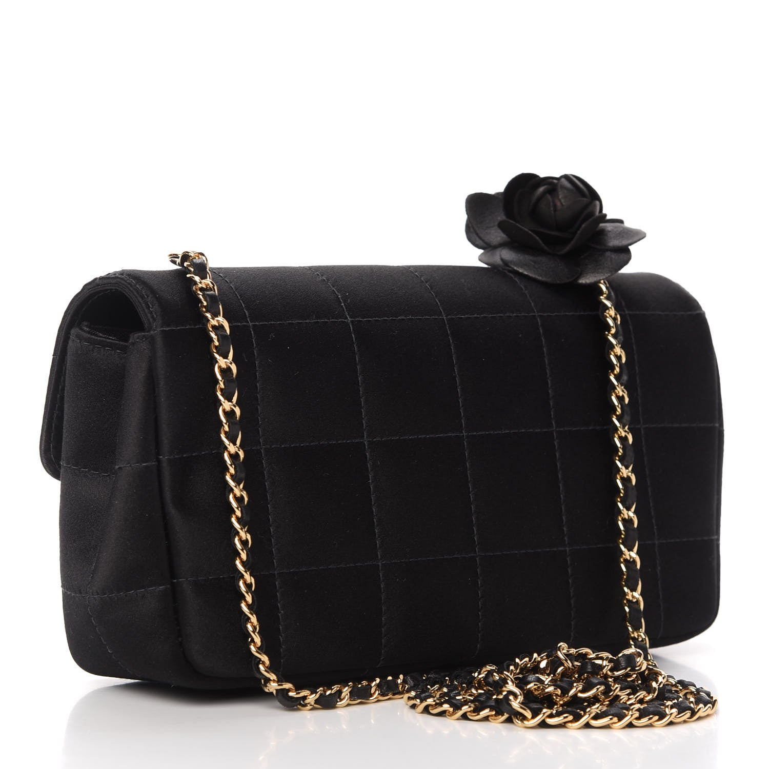 Chanel Satin Chocolate Bar Quilted Camellia Rectangular Mini Flap Black 3 of 11