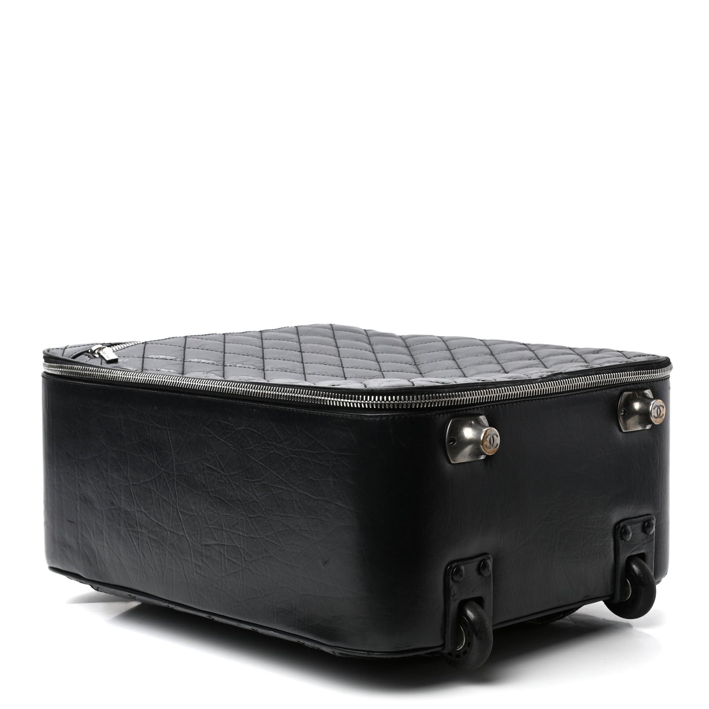Aged Calfskin Quilted Trolley Rolling Luggage Black