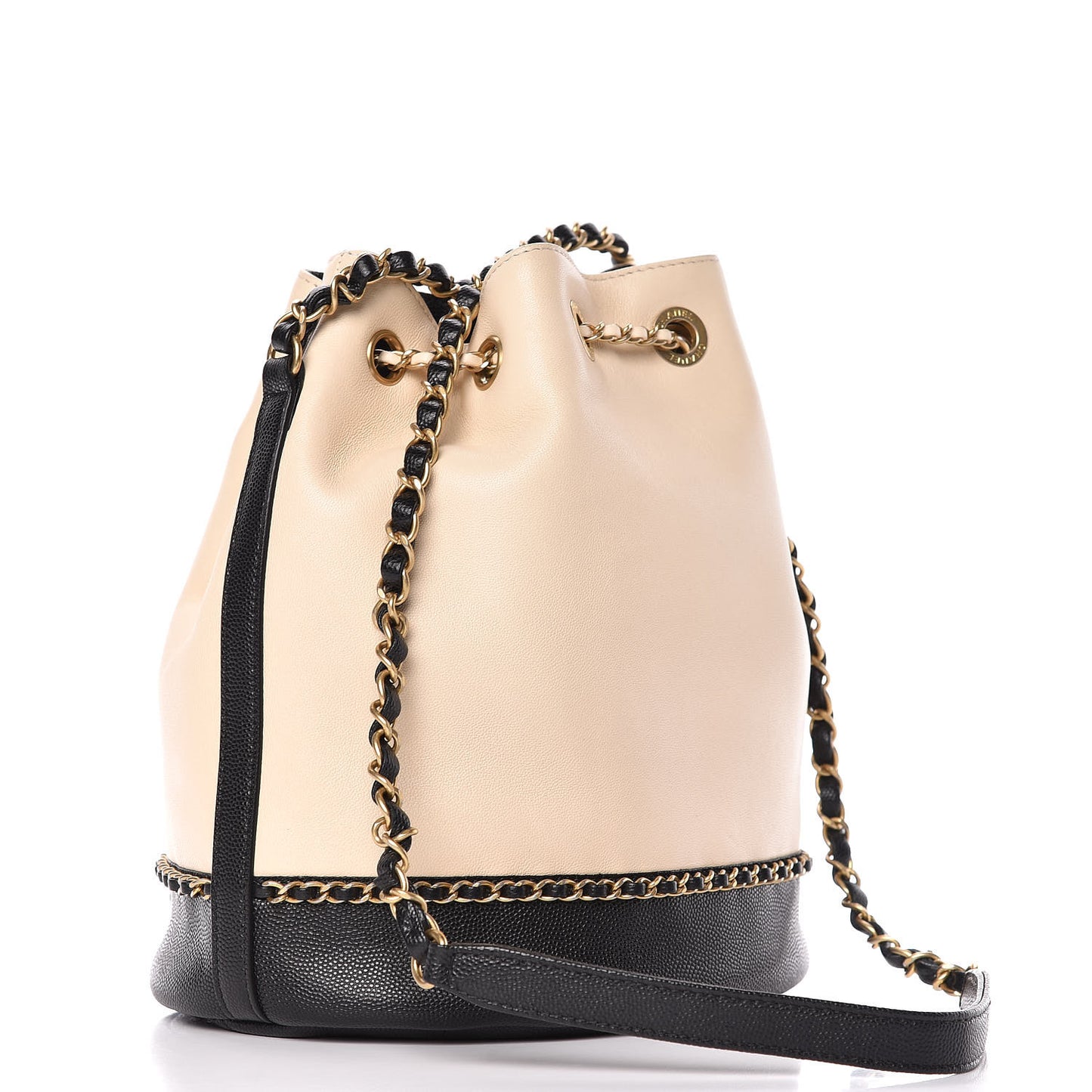 Lambskin Caviar Lovely Chains Drawstring Bag Beige Black