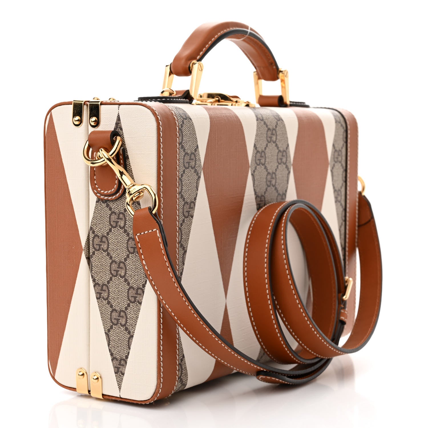 Gucci GG Supreme Monogram Boarded Dyana Calfskin Rhombus Print Savoy Top Handle Beauty Case Beige Ebony Mystic White Hazel Brown 3 of 11