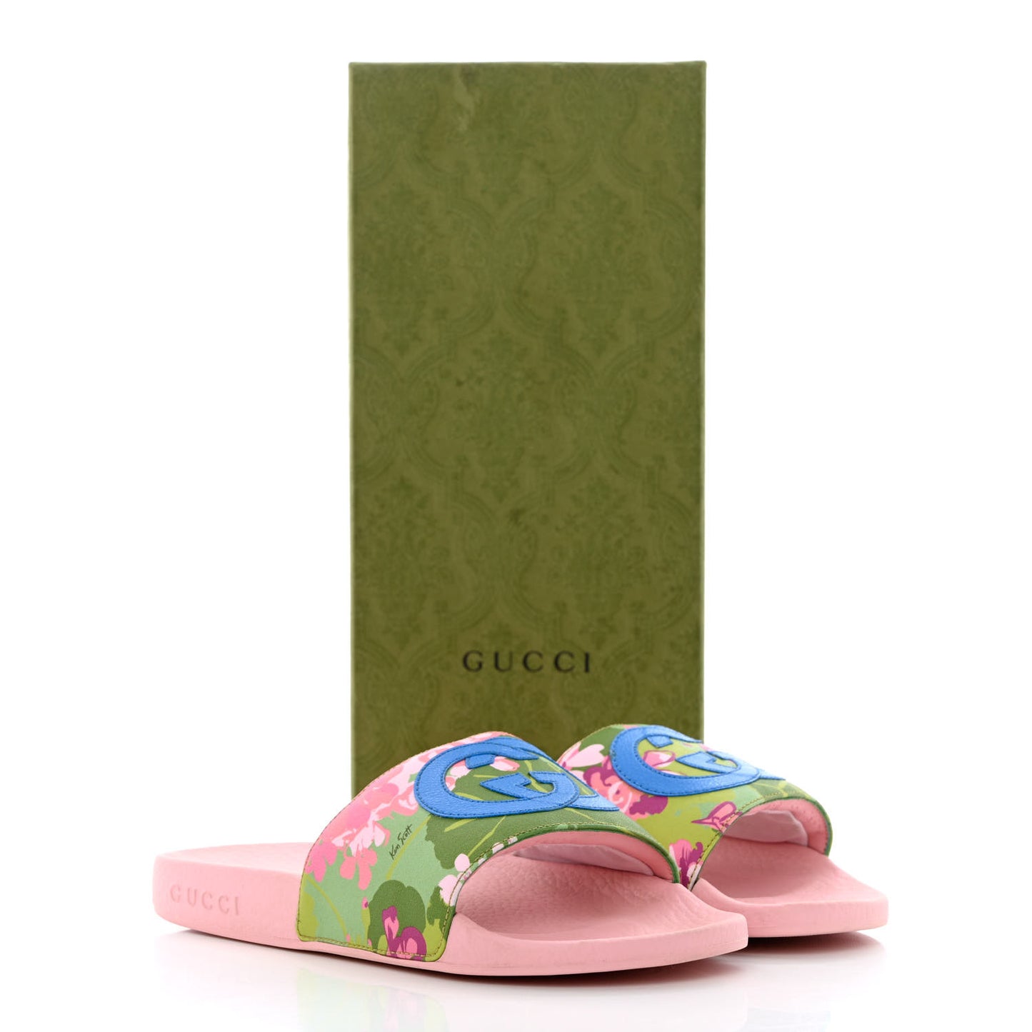 X KEN SCOTT Rubber Infinity Zia Interlocking G Womens Pool Slide Sandals 38 Green Lilac Bright Splash