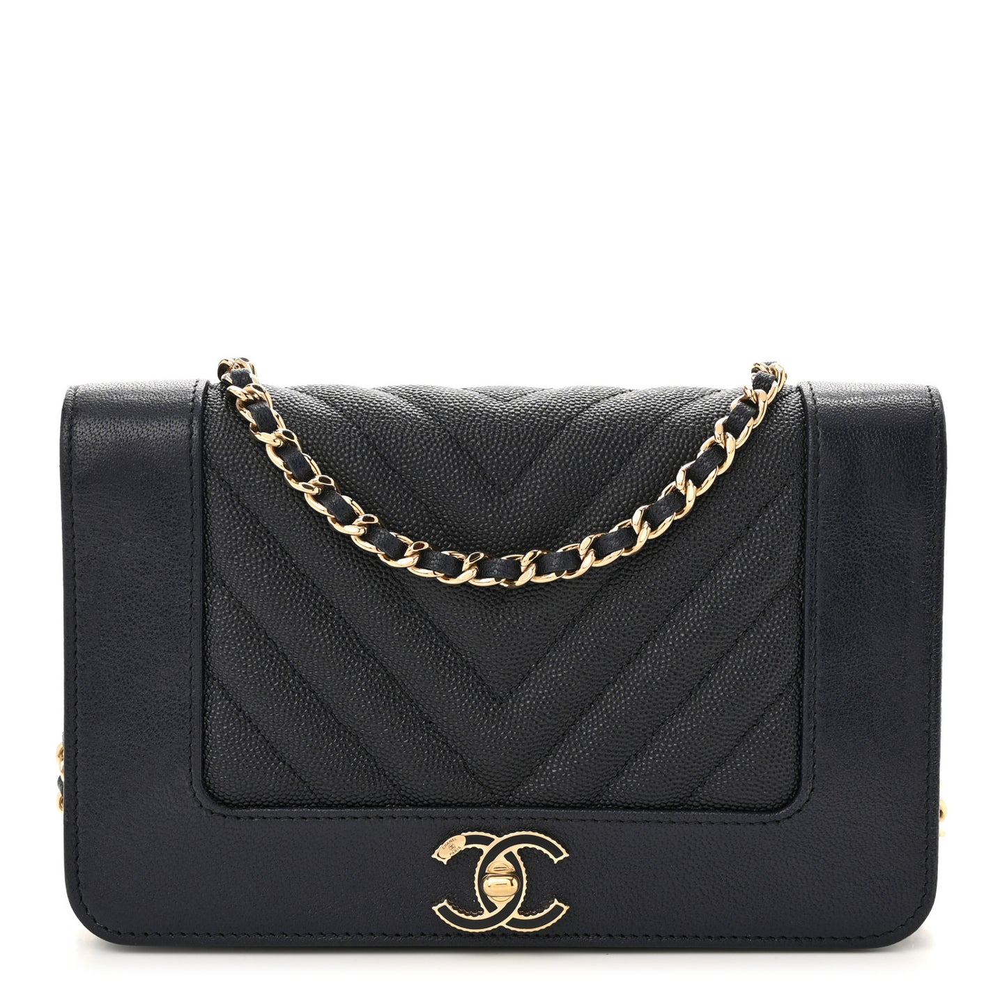 Caviar Chevron Quilted Vintage Mademoiselle Wallet On Chain WOC Navy Blue