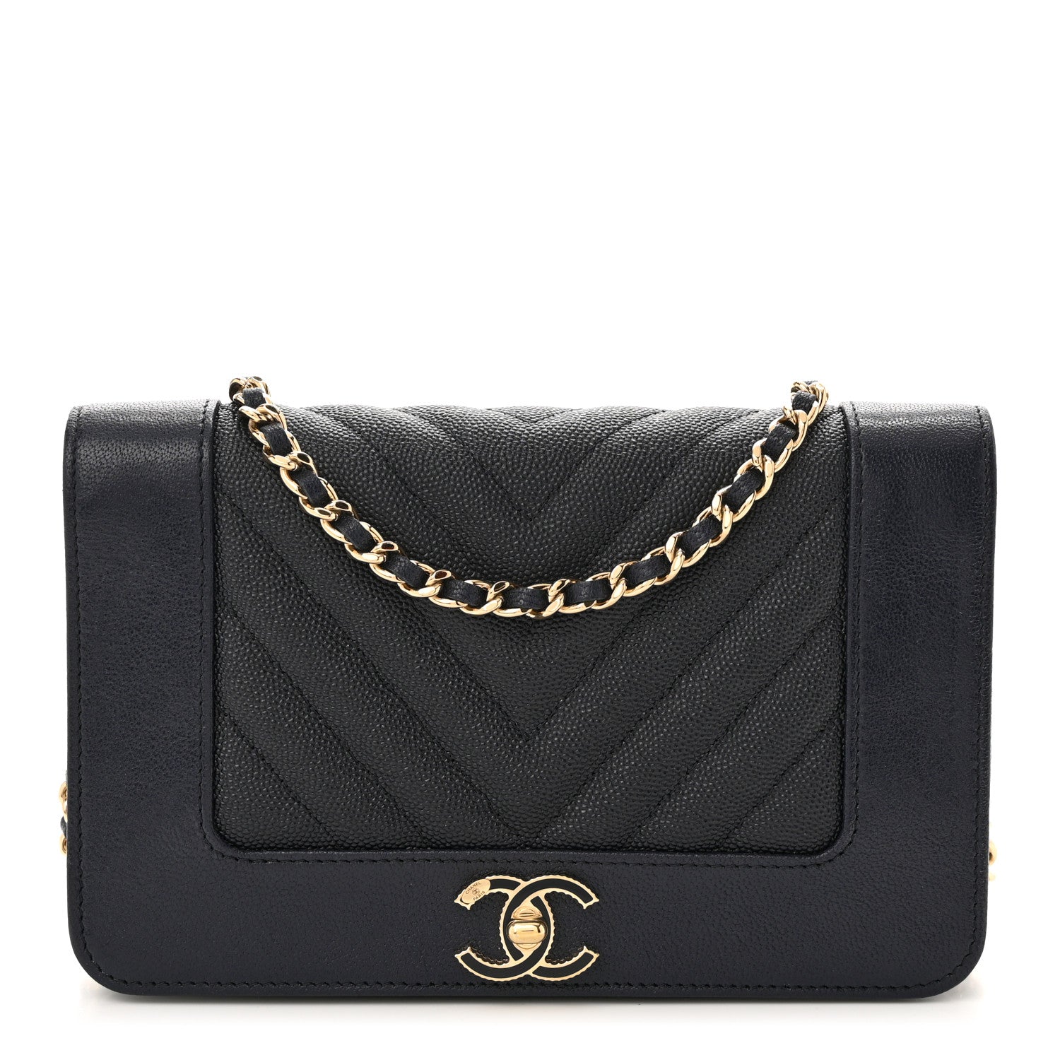 Chanel Caviar Chevron Quilted Vintage Mademoiselle Wallet On Chain WOC Navy Blue 1 of 12