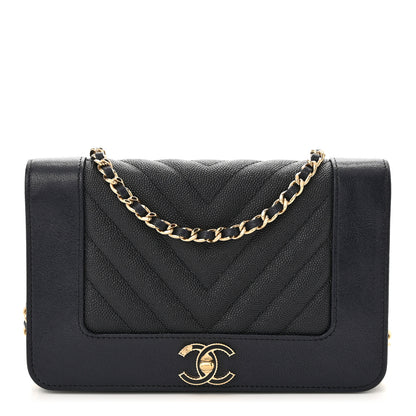 Chanel Caviar Chevron Quilted Vintage Mademoiselle Wallet On Chain WOC Navy Blue 1 of 12