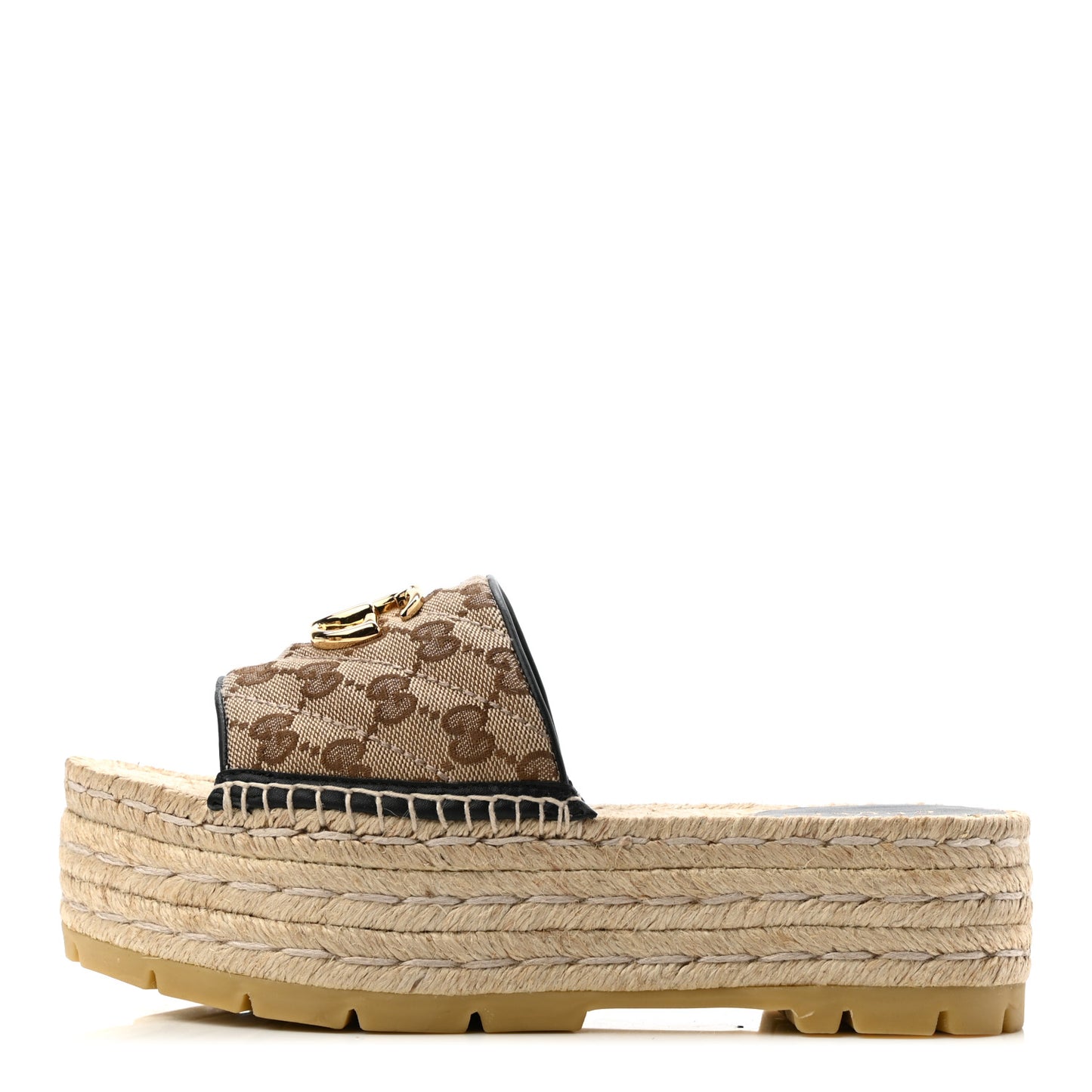 Monogram Matelasse Diagonal GG Marmont Platform Espadrille Slide Sandals 38 Beige Ebony Black