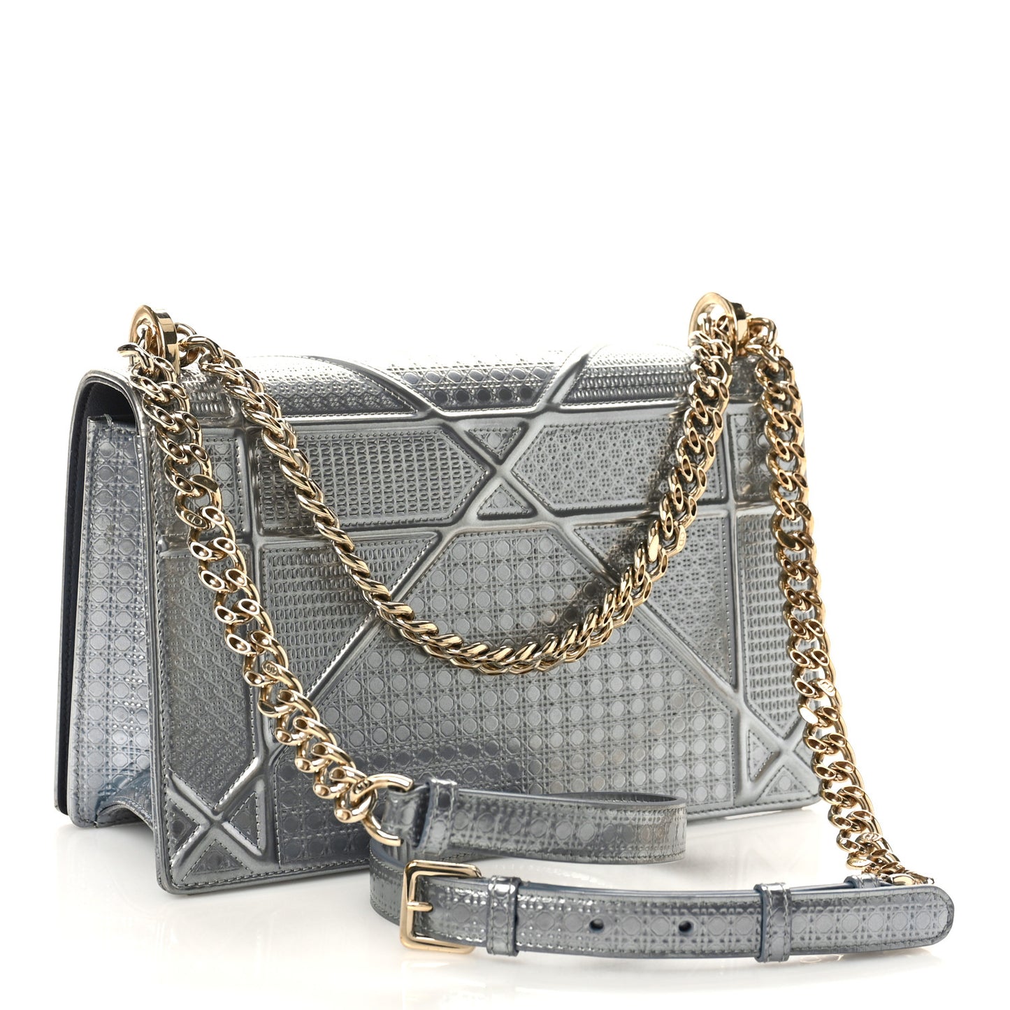 Metallic Patent Micro-Cannage Medium Diorama Flap Bag Silver