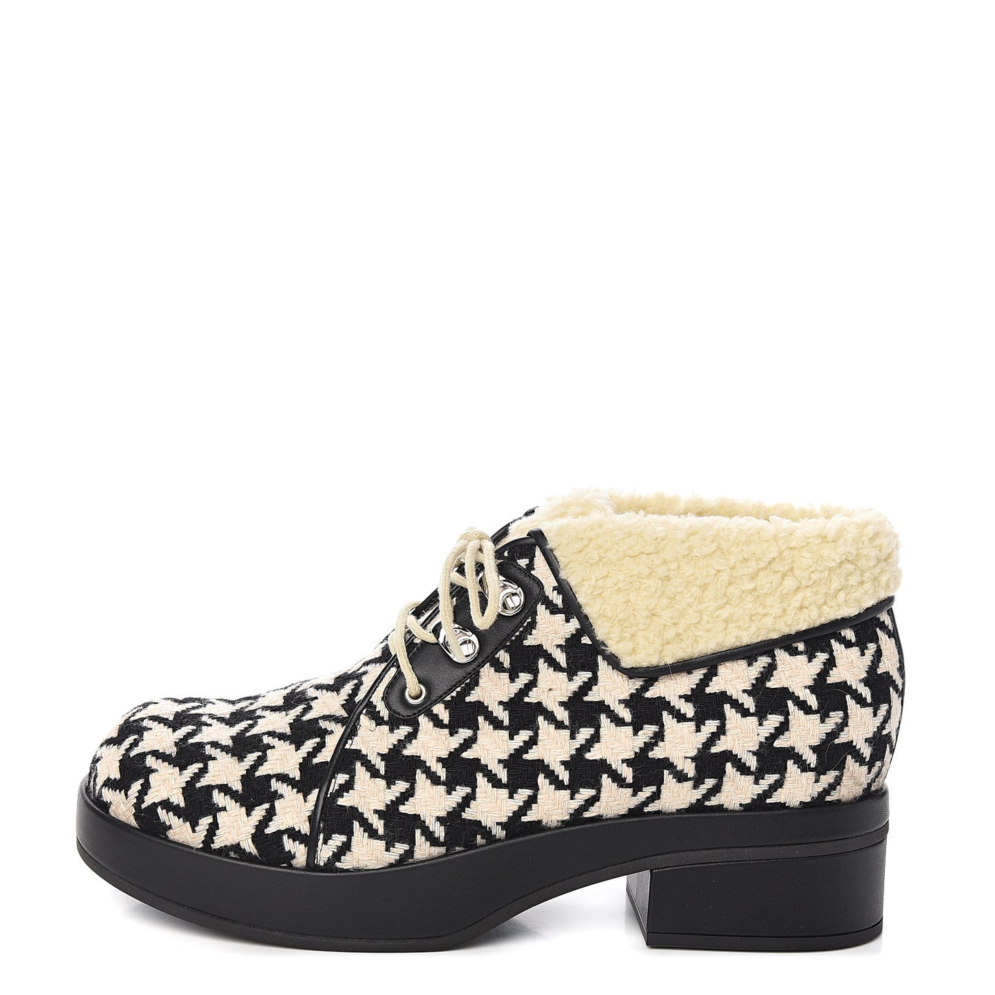 Optical Tweed Faux Shearling Houndstooth Victor Lace Up Ankle Boots 40.5 White Black