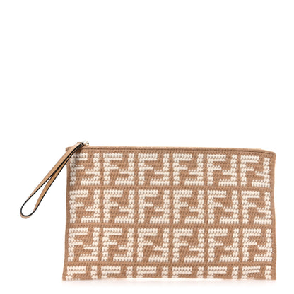 Fendi Fabric Calfskin FF Woven Large Flat Pouch Cammello 1 of 9