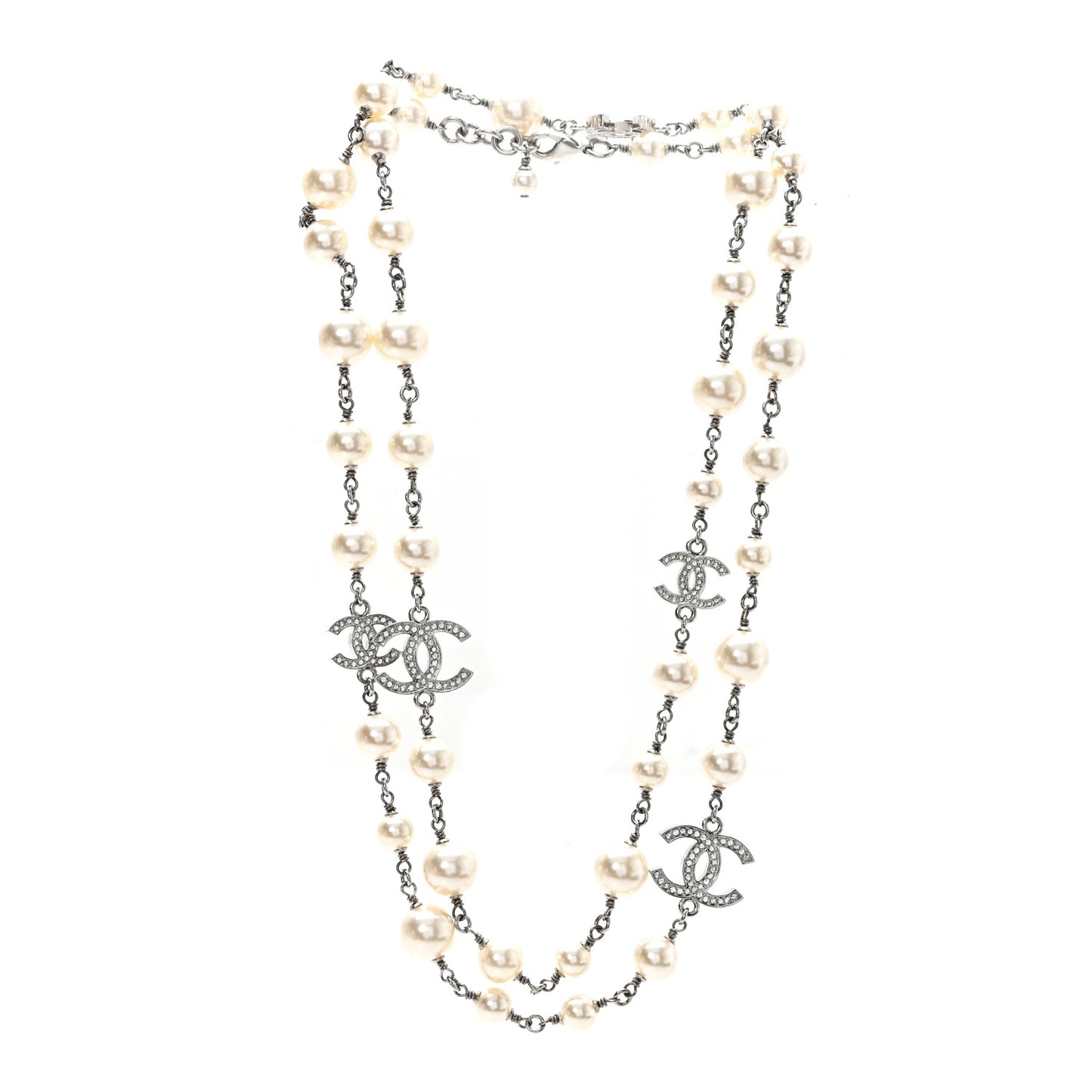 Graduated Pearl Crystal CC Long Necklace Silver