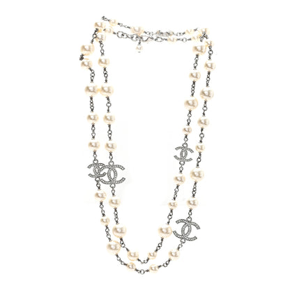 Chanel Graduated Pearl Crystal CC Long Necklace Silver 3 of 5