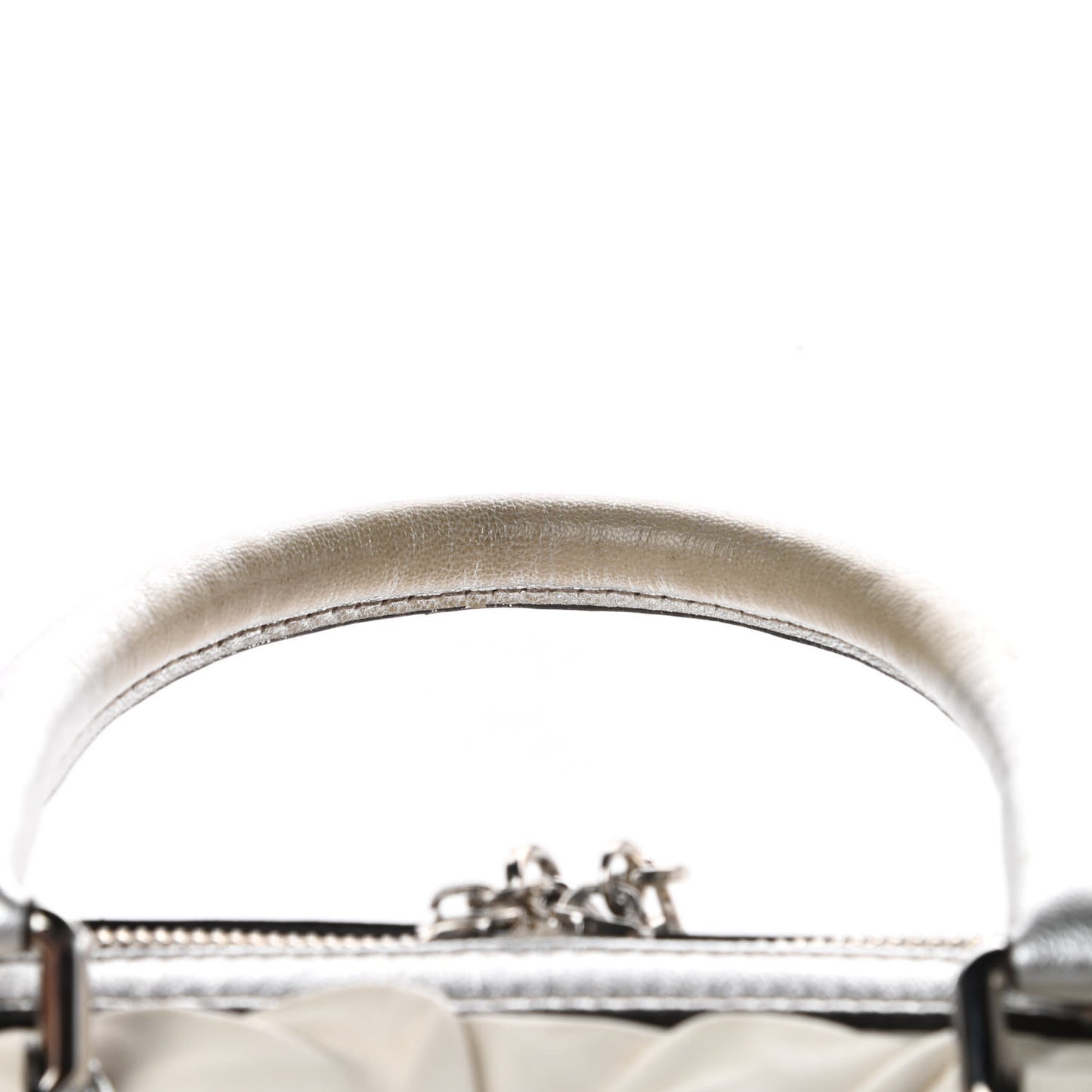 Distressed Calfskin Ruffled Miss Rouche Satchel White Silver