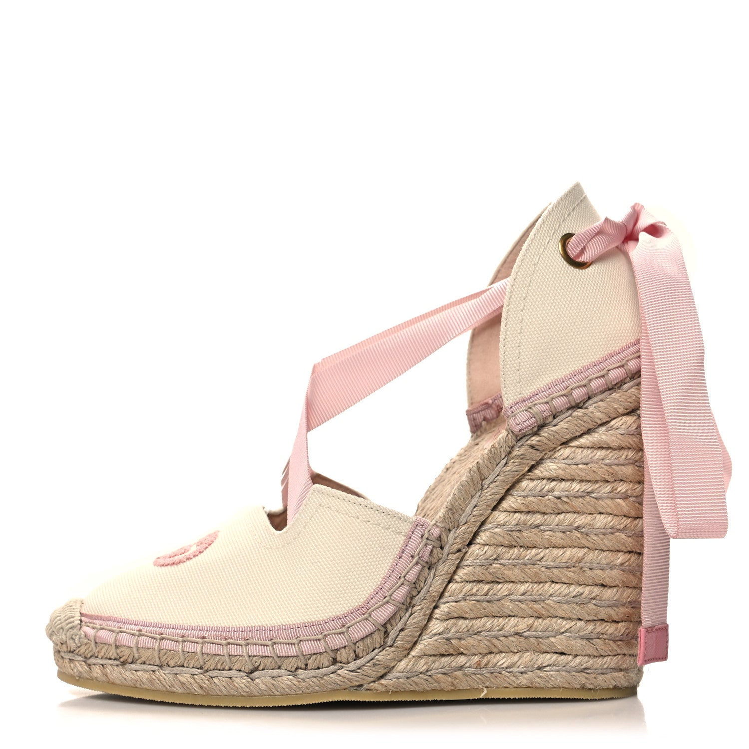 Gucci Canvas Grossgrain Embroidered Judit Ankle Wrap Platform 35/120mm Espadrille Wedges 36.5 White Shell 1 of 8