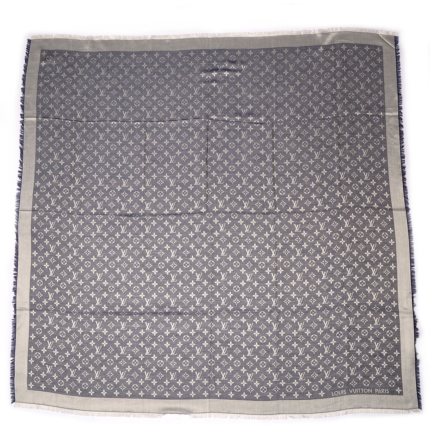 Wool Silk Monogram Denim Shawl Blue