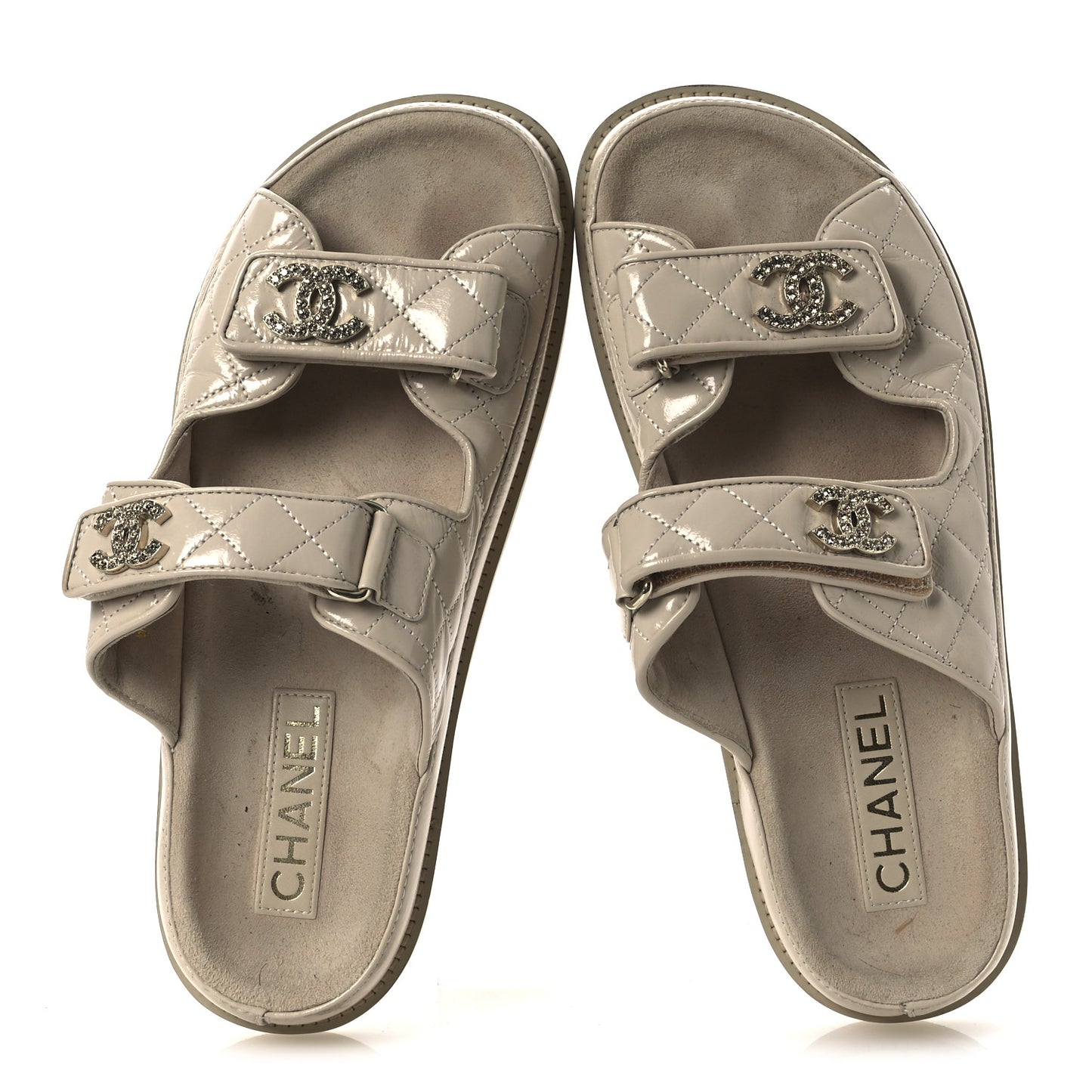 Shiny Calfskin Quilted Velcro Dad Crystal CC Slide Sandals 39 Beige
