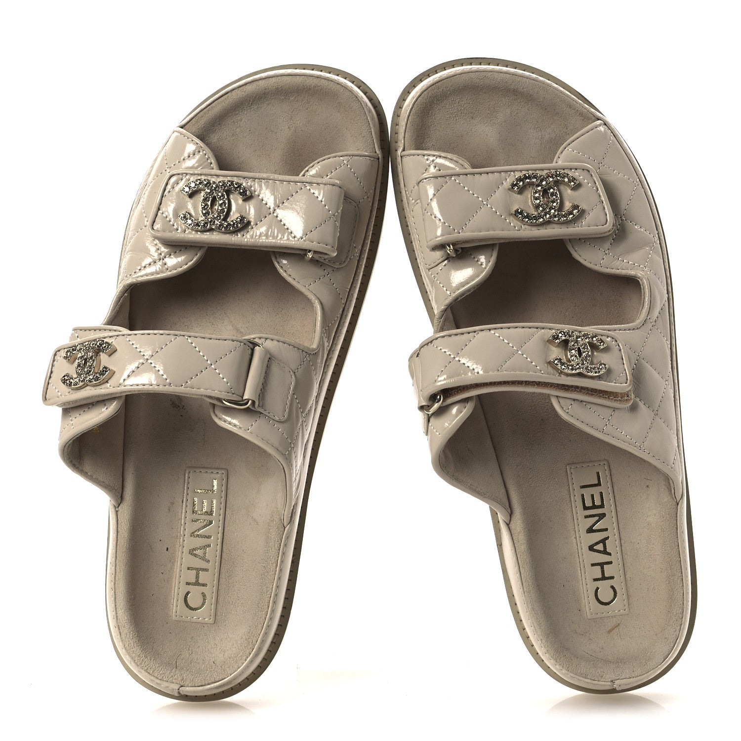 Chanel Shiny Calfskin Quilted Velcro Dad Crystal CC Slide Sandals 39 Beige 5 of 13