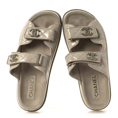 Chanel Shiny Calfskin Quilted Velcro Dad Crystal CC Slide Sandals 39 Beige 5 of 13