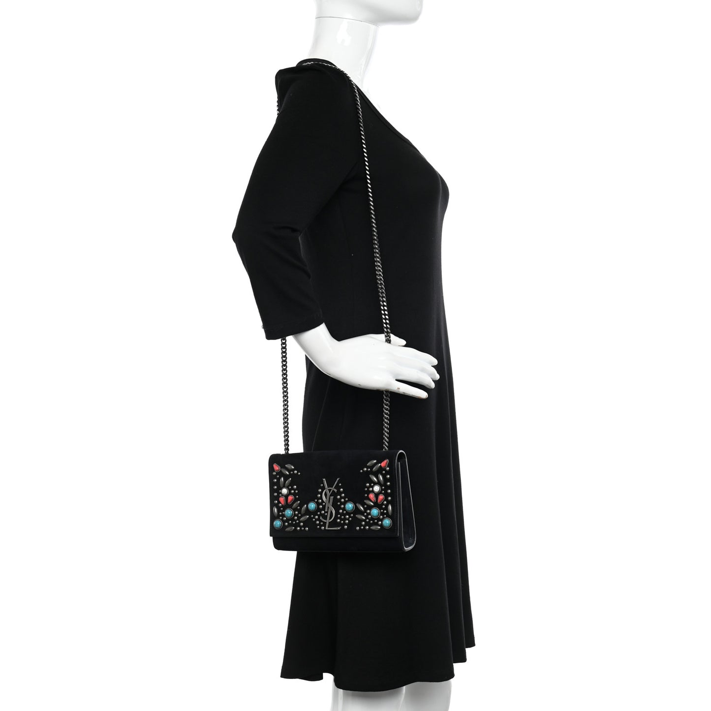Suede Small Monogram Stone Studded Kate Satchel Black Turquoise Coral