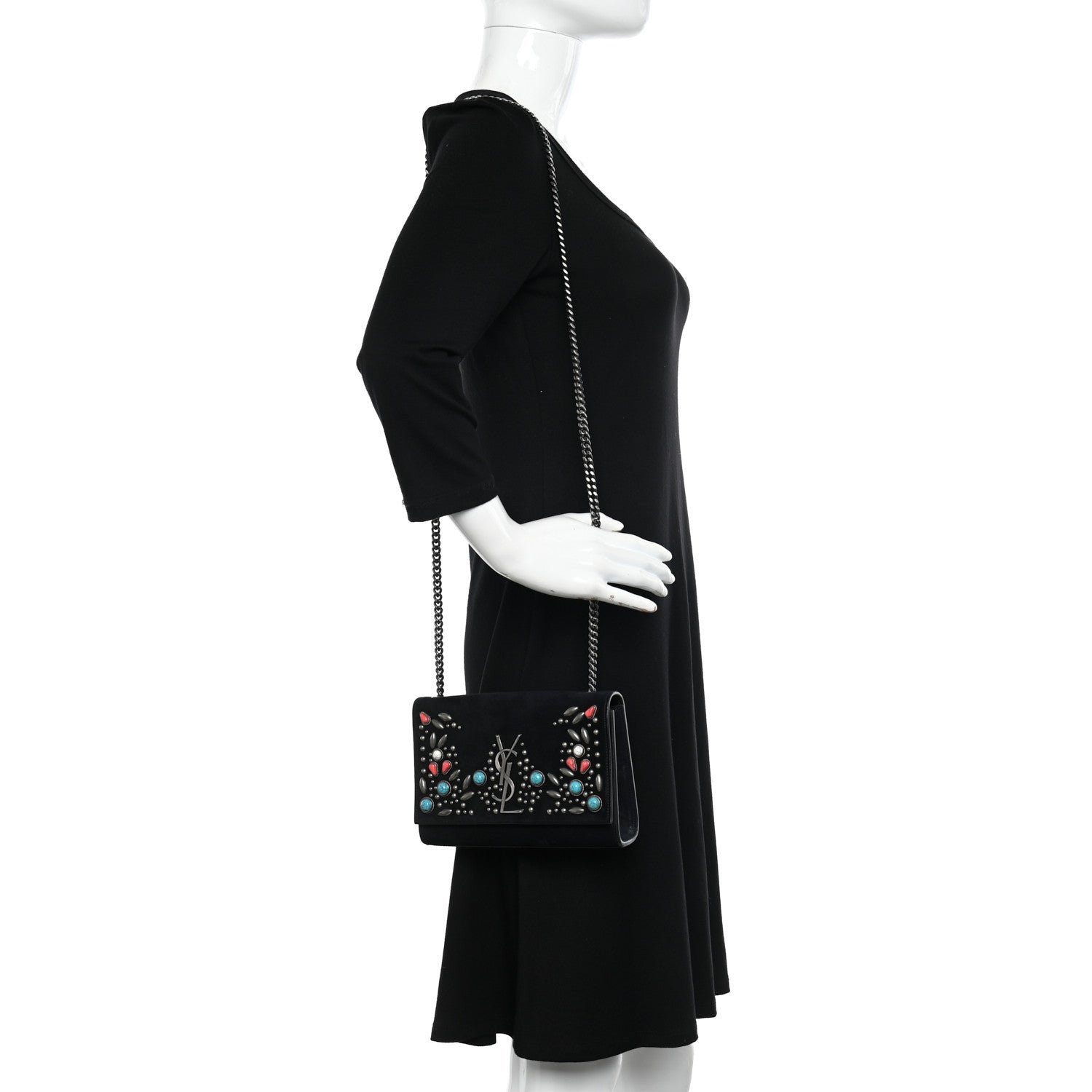 Saint Laurent Suede Small Monogram Stone Studded Kate Satchel Black Turquoise Coral 2 of 17