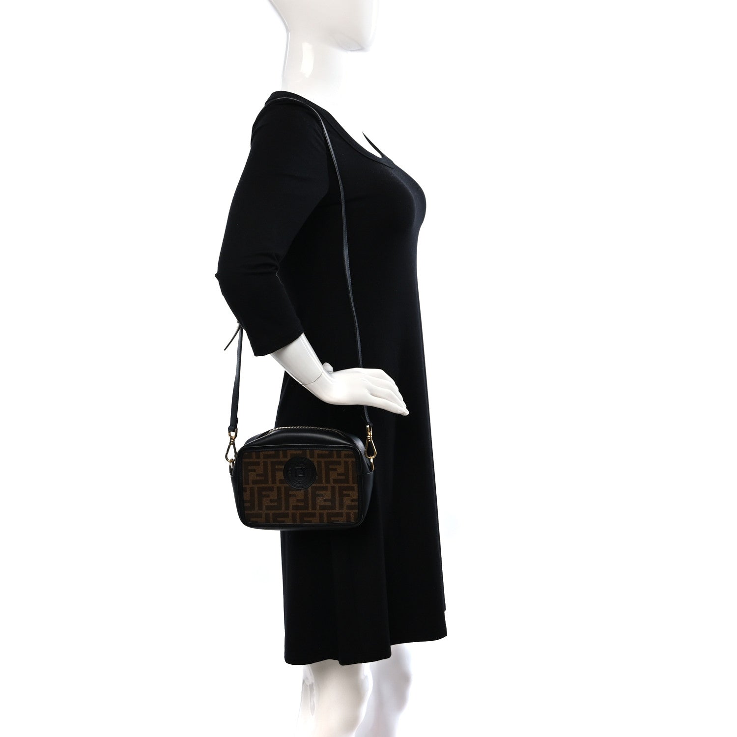 Fendi Glazed Fabric Vitello Century FF 1974 Stamp Patch Mini Camera Case Mogano Panna Black 2 of 9