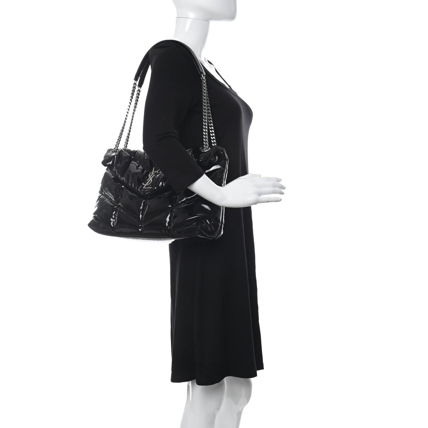 Patent Lambskin Quilted Medium Loulou Puffer Monogram Chain Satchel Black