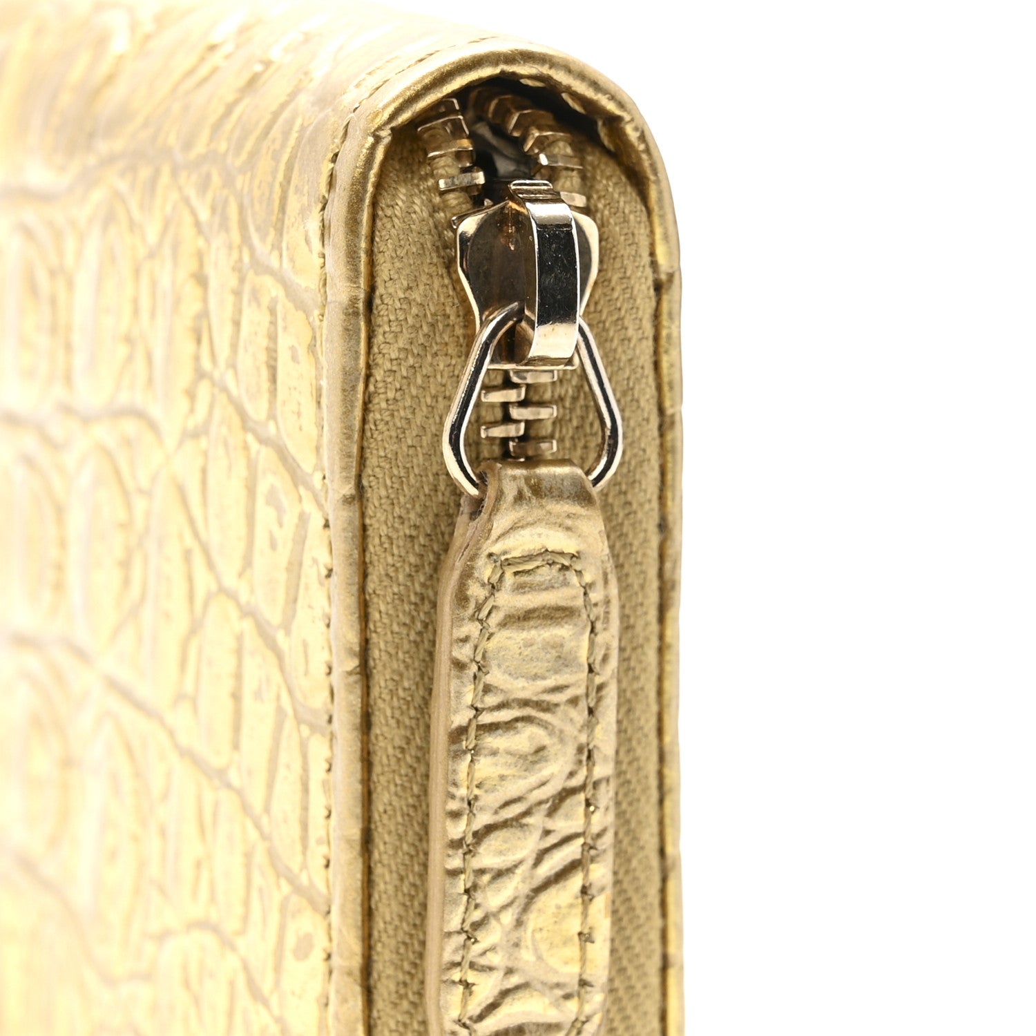 Chanel Metallic Calfskin Crocodile Embossed Small Zip Wallet Gold