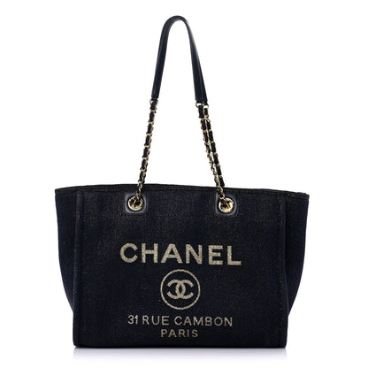 Chanel Lurex Canvas Small Deauville Tote Navy Blue Gold 1 of 13