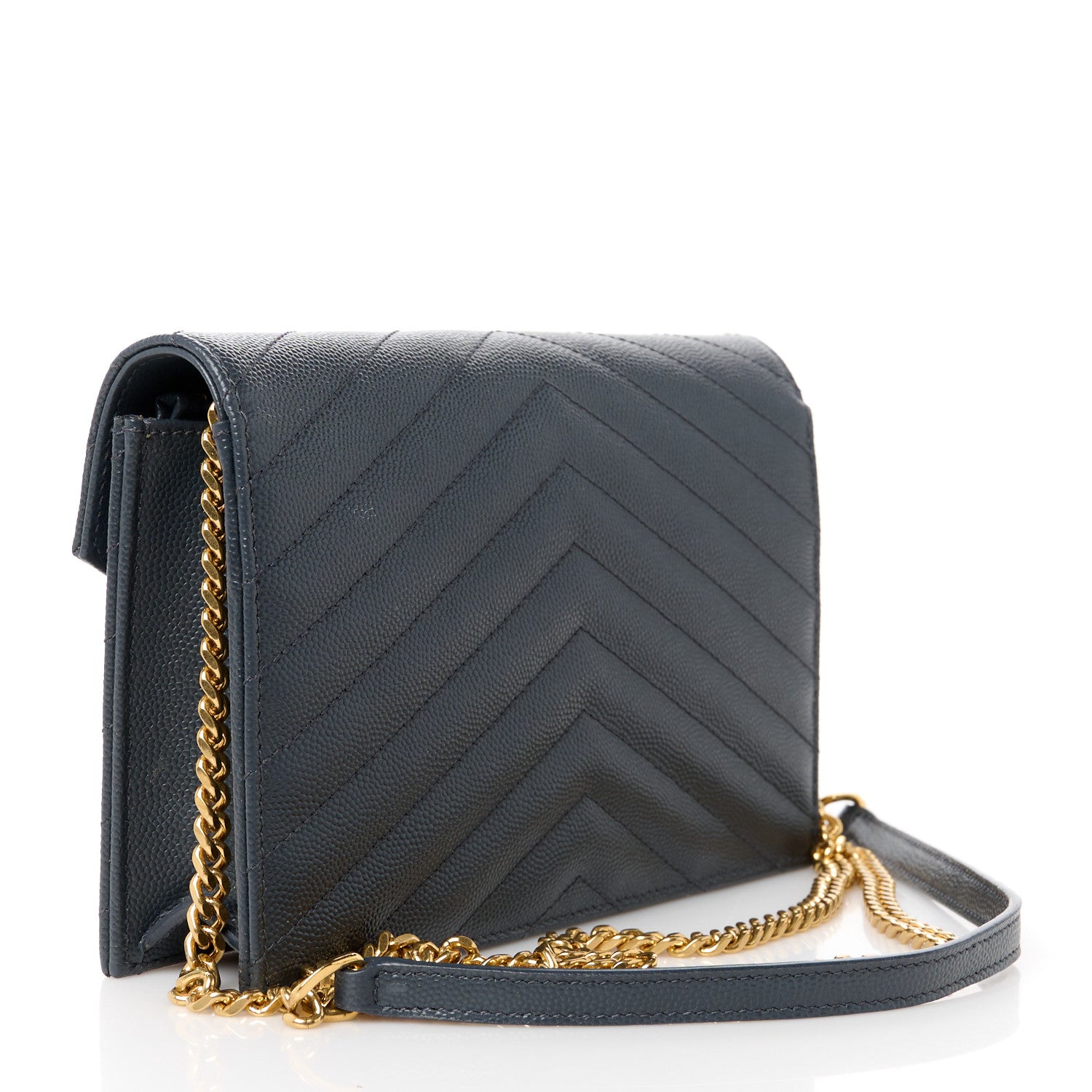 Saint Laurent Grain De Poudre Matelasse Chevron Monogram Chain Wallet Storm 3 of 11