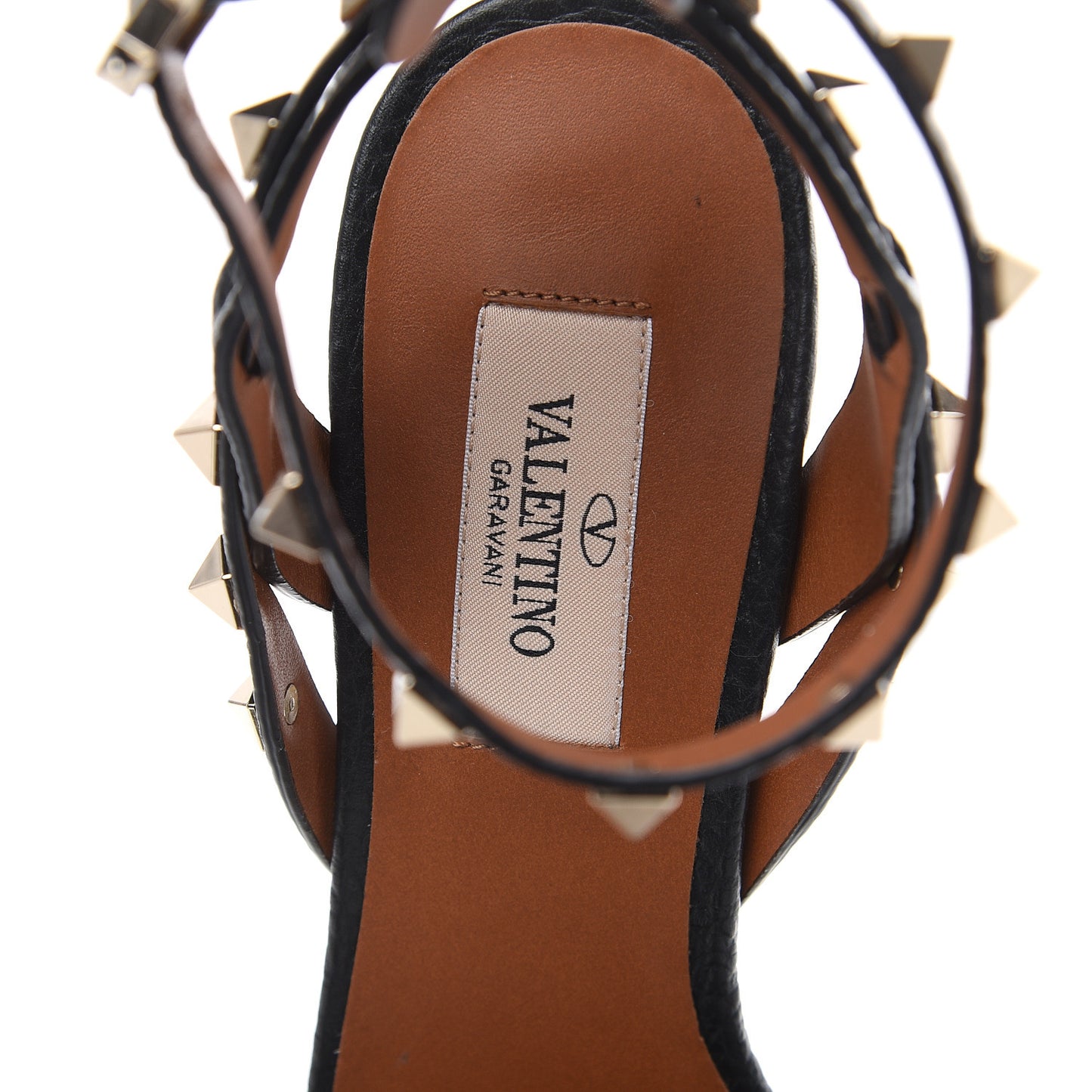 Pebbled Calfskin Rockstud Ankle Strap 60mm Sandals 37.5 Black Light Cuir