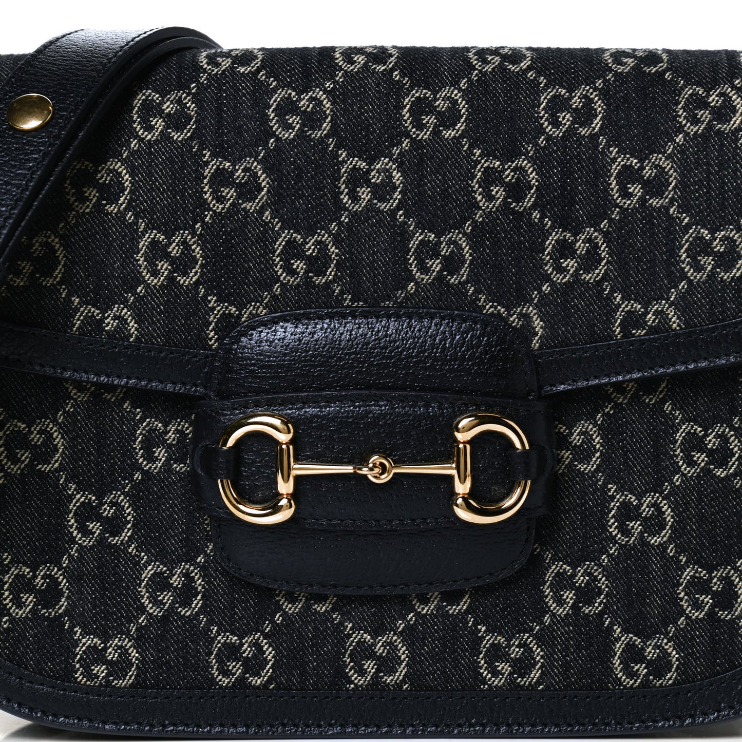 Jacquard Black Denim GG Monogram Textured Dollar Calfskin Horsebit 1955 Shoulder Bag Black Ivory