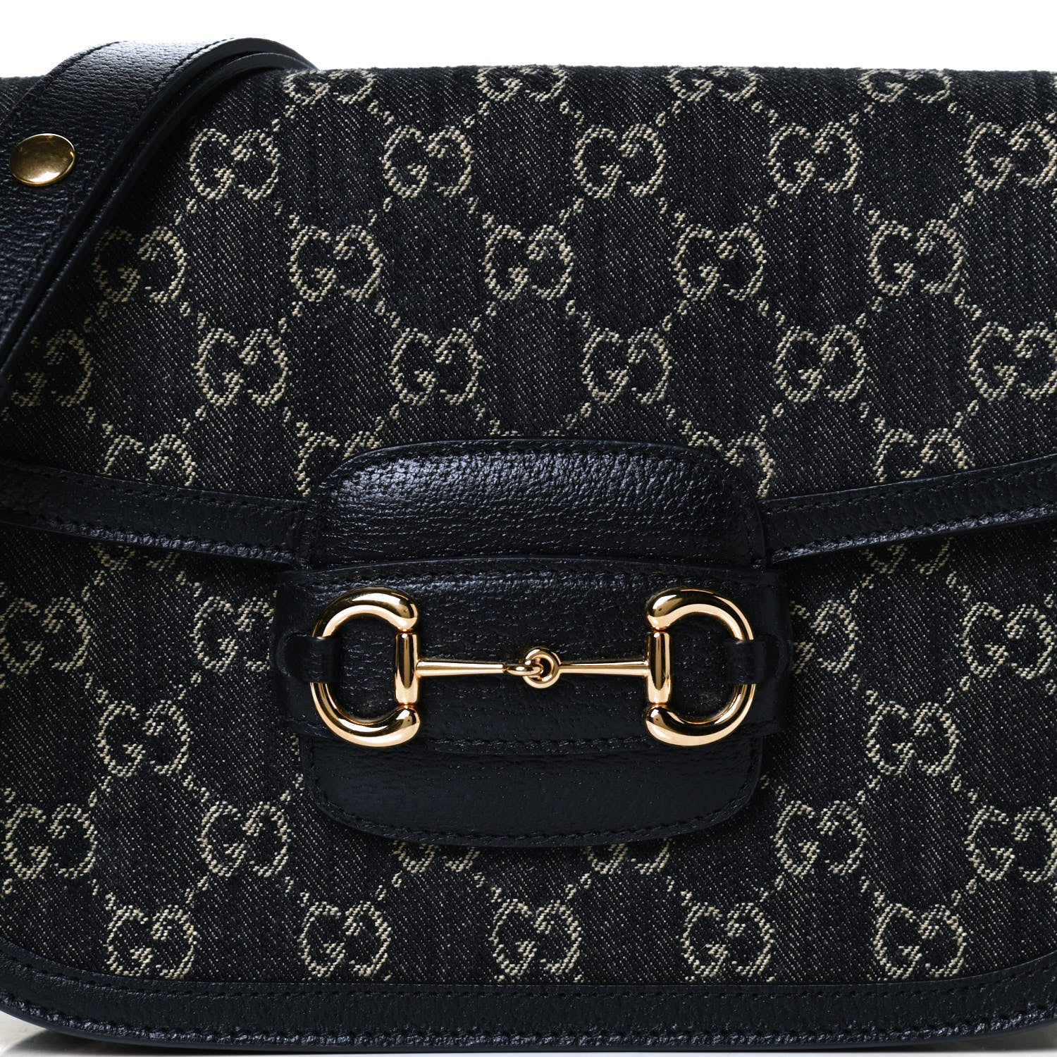 Gucci Jacquard Black Denim GG Monogram Textured Dollar Calfskin Horsebit 1955 Shoulder Bag Black Ivory 9 of 14