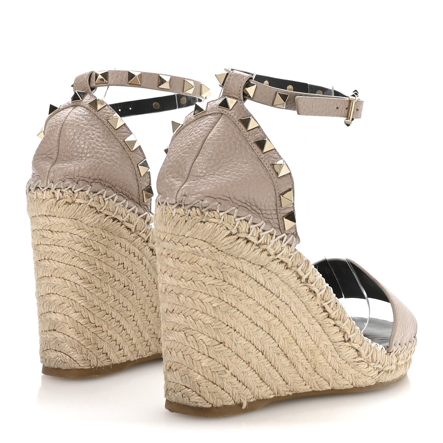 Valentino Garavani Grained Calfskin Rockstud Ankle Strap Espadrille 15/105mm Wedge Sandals 38 Rose Quartz Natural 9 of 16