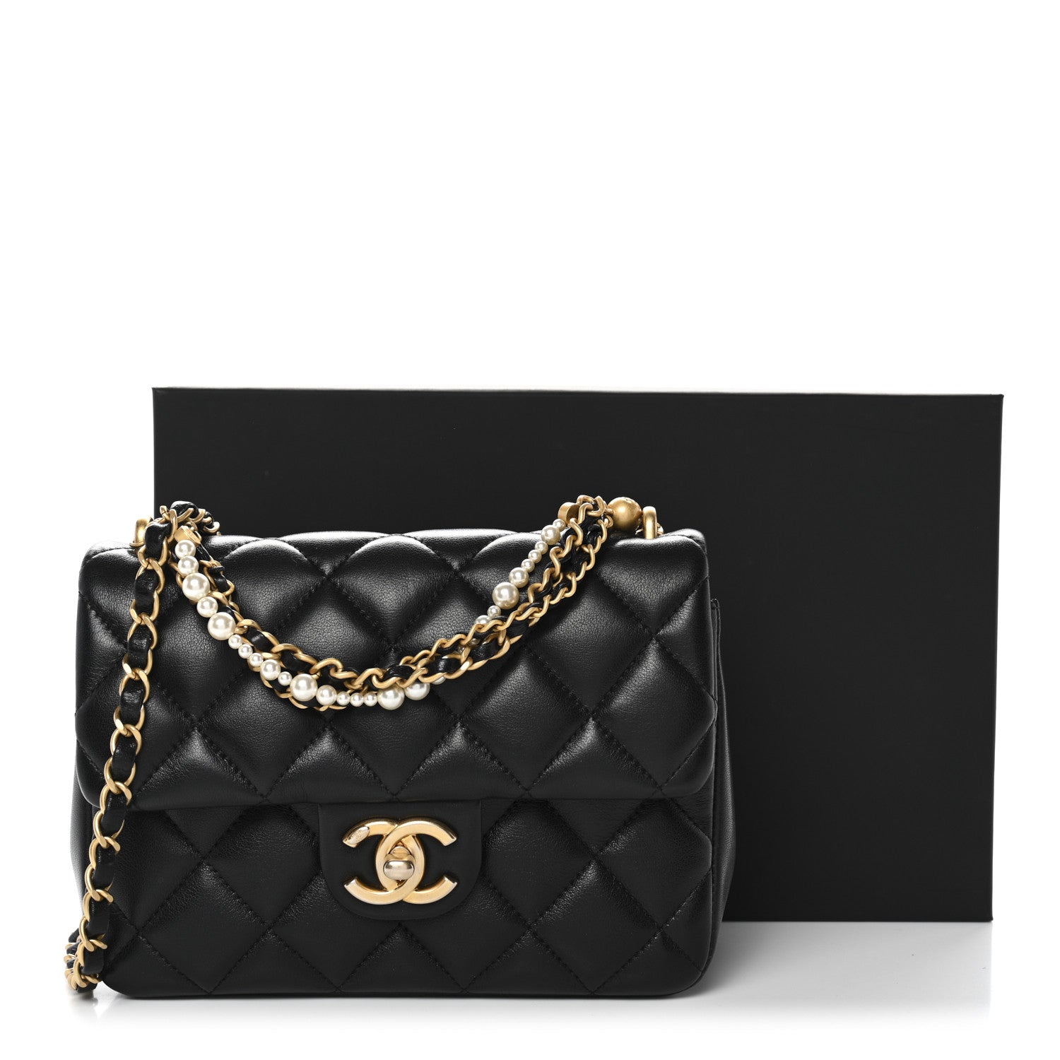 Chanel Shiny Lambskin Quilted Pearl Twist Mini Square Flap Black