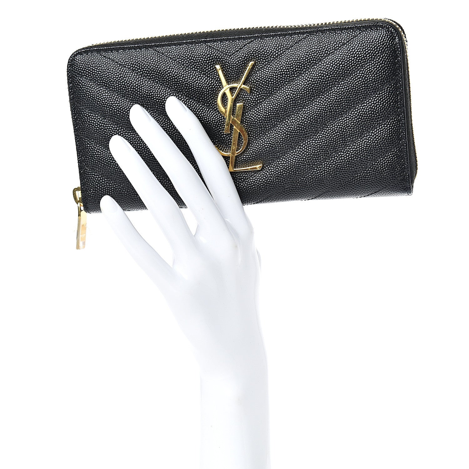 Saint Laurent Grain De Poudre Matelasse Chevron Monogram Zip Around Wallet Black 2 of 7