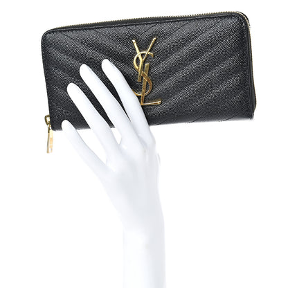Saint Laurent Grain De Poudre Matelasse Chevron Monogram Zip Around Wallet Black 2 of 7